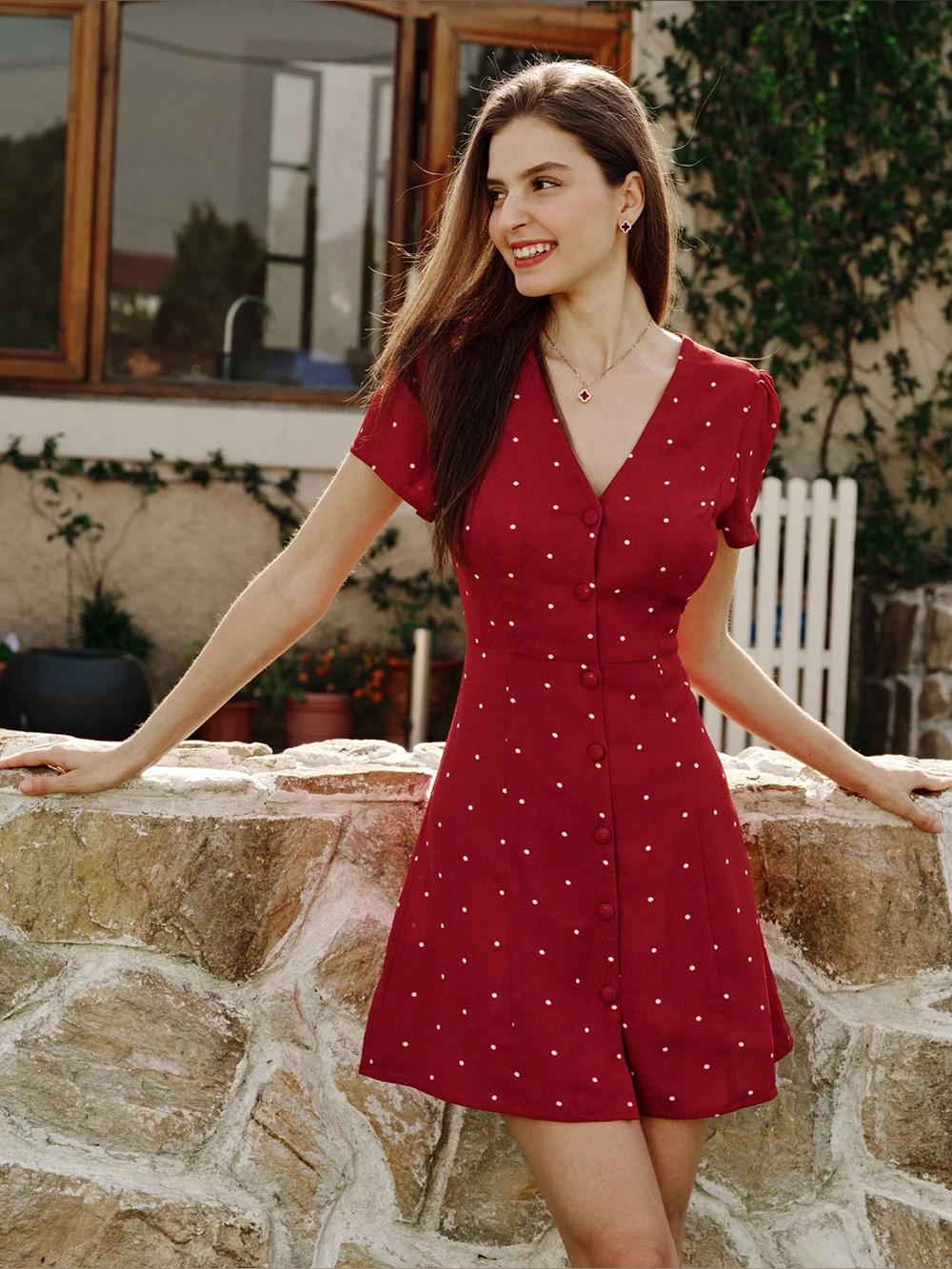 Rihoas Red Polka Dot Button-Front Mini Dress